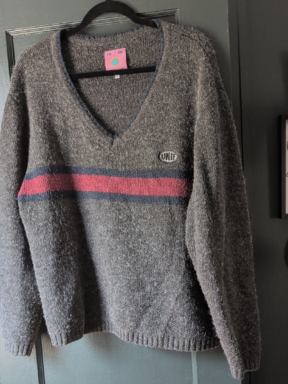 UNIF Gray V-Neck Sweater with Red and Navy Chest Stripe
